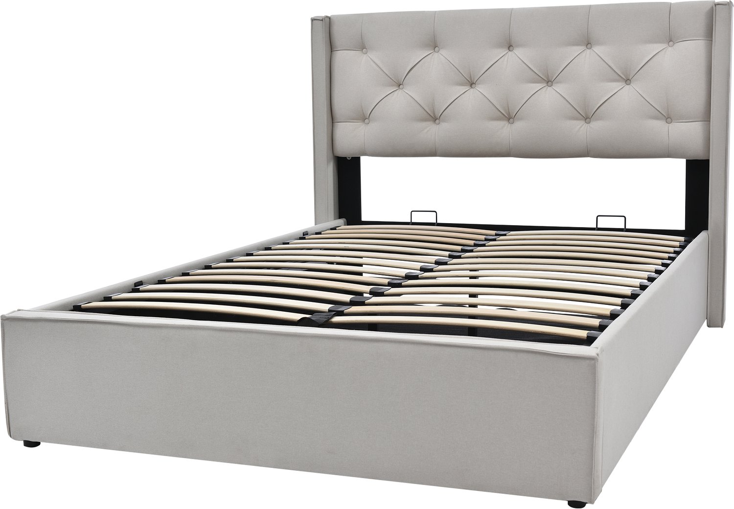 Gestoffeerd Bed 140x200 Met Opbergruimte - Opklapbare Lattenbodem - Gecapitonneerd Hoofdbord - Katoenen Bekleding - Lichtgrijs