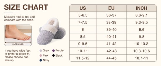 Maattabel met voetlengte-instructies en conversies tussen US, EU en inch maten voor slippers in vijf kleuren.
