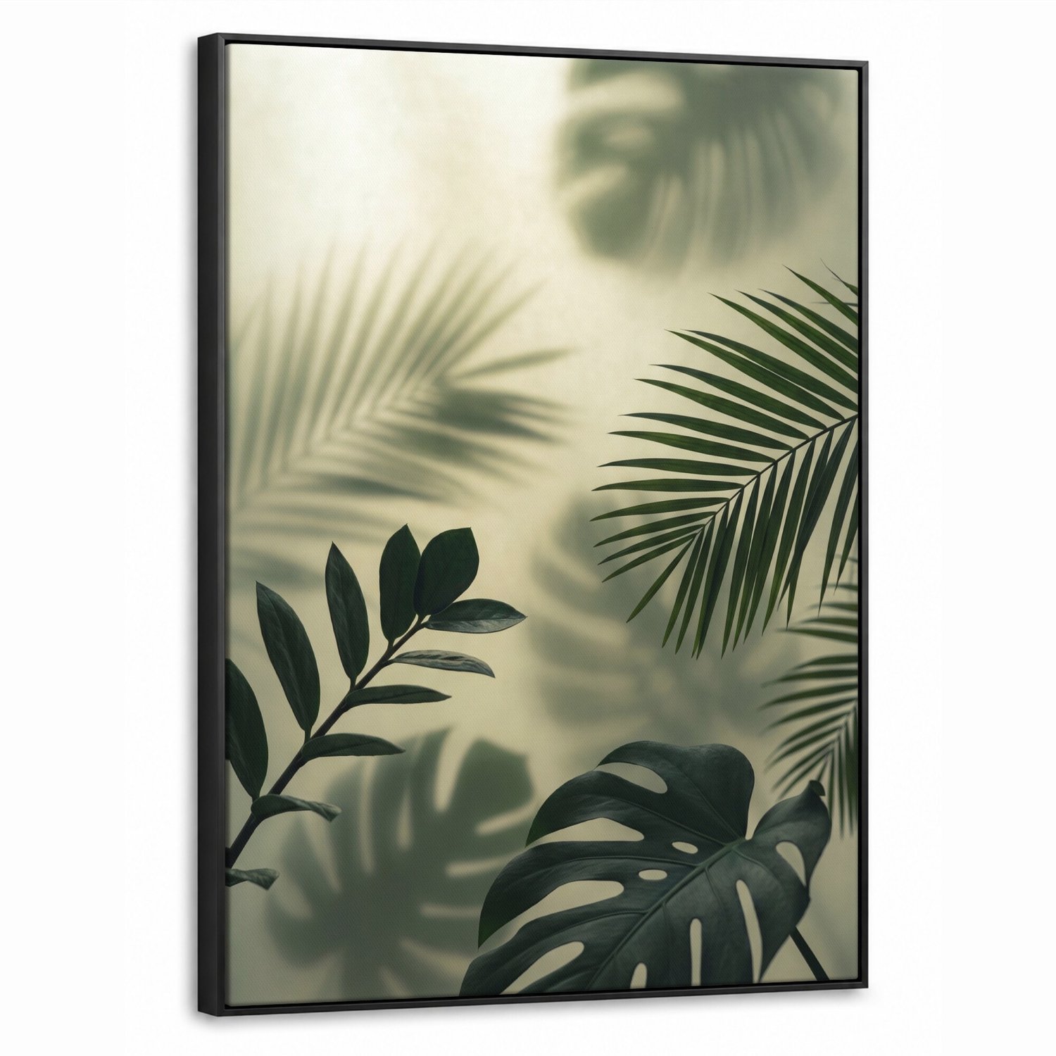 Canvas Schilderij met Baklijst 70x100cm - Planten - Bladeren - Schaduwen - Groen - Modern - Muurdecoratie woonkamer - Slaapkamer decoratie - Kamer accessoires - Schilderijen op canvas met lijst