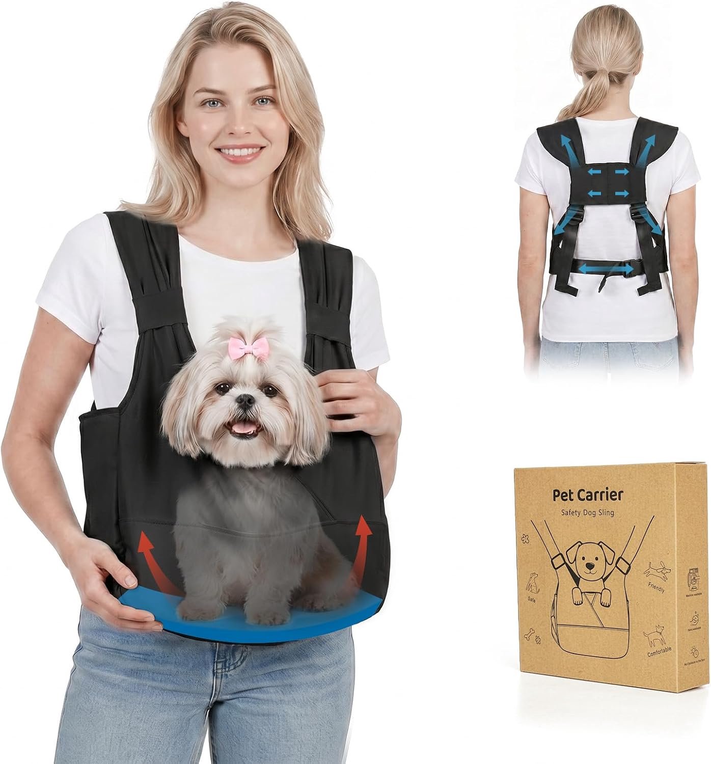 Supet Hondendraagtas voor kleine honden met bodemsteun, puppydraagtas met verstelbare gevoerde riemen ter verlichting van rug en nek voor wandelingen,
