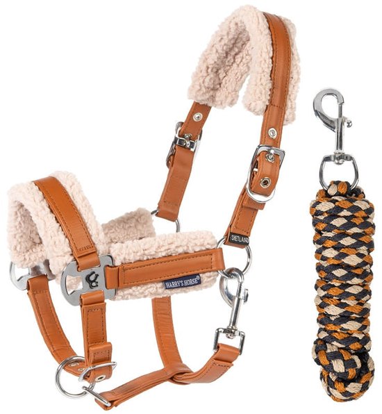 Bruin halster met beige imitatiebont en bijpassend gevlochten halstertouw van Harry's Horse.
