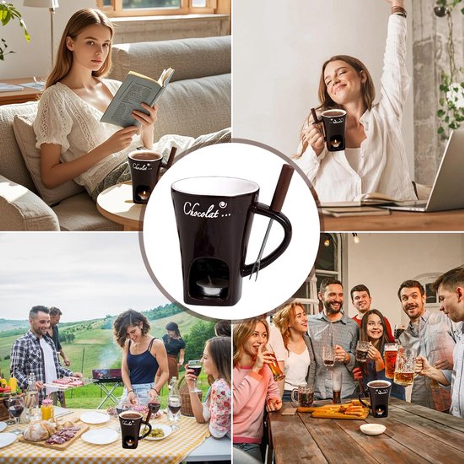Fonduebeker van keramiek, 200 ml chocoladefondue keramische set, kaasfondue met kaars en vorken, chocoladefondue kopjes, smeltbekers voor snoep en chocolade (C) – foto 7