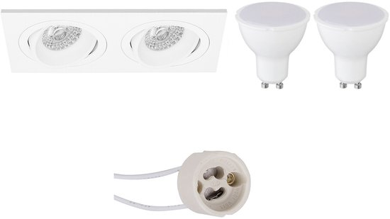 BES LED GU10 Inbouwspot Set - Mat Wit - Inbouw Rechthoek Dubbel - Kantelbaar - Pragmi Borny Pro - 4W - Warm Wit 3000K - 175 × 92mm