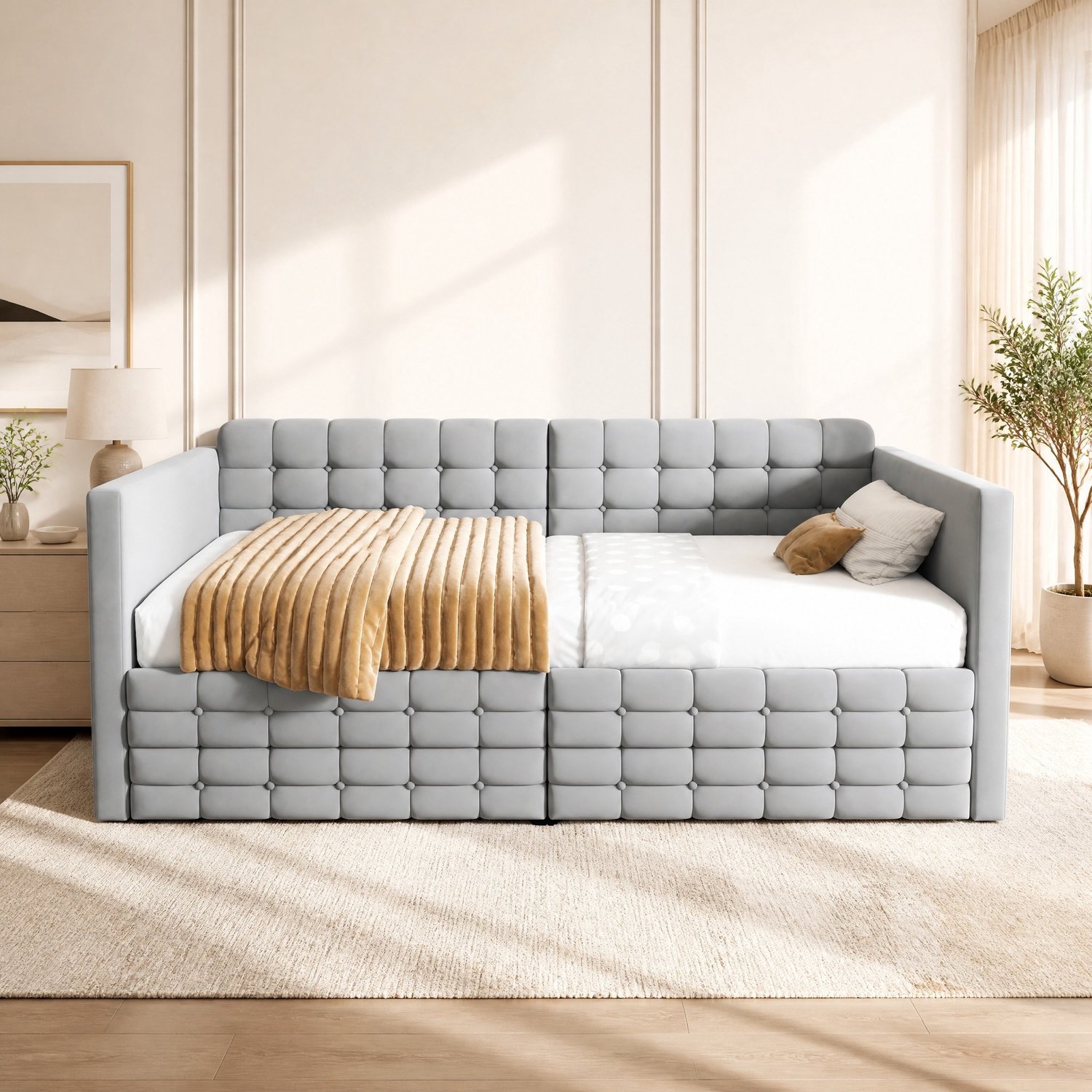 Wishdor Slaapbank 90x190 cm - Gestoffeerd eenpersoonsbed met twee bedlades en zijvakken - Klassiek ruitpatroon met knoopdetails - Fluwelen bekleding - Lichtgrijs - Voor slaapkamer en logeerkamer