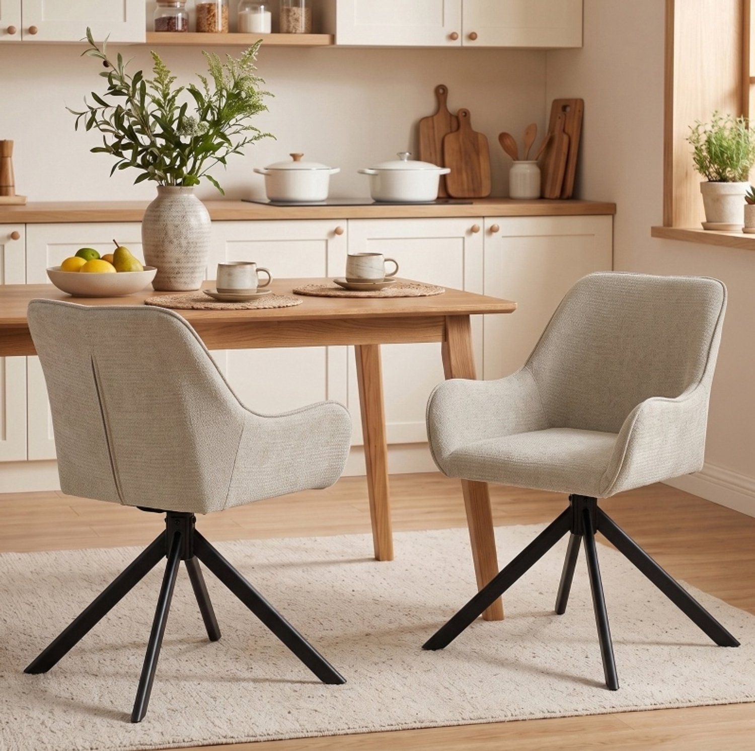 CHICFURN Eetkamerstoelen set van 2 - 360 graden draaibaar - Met armleuningen - Beige