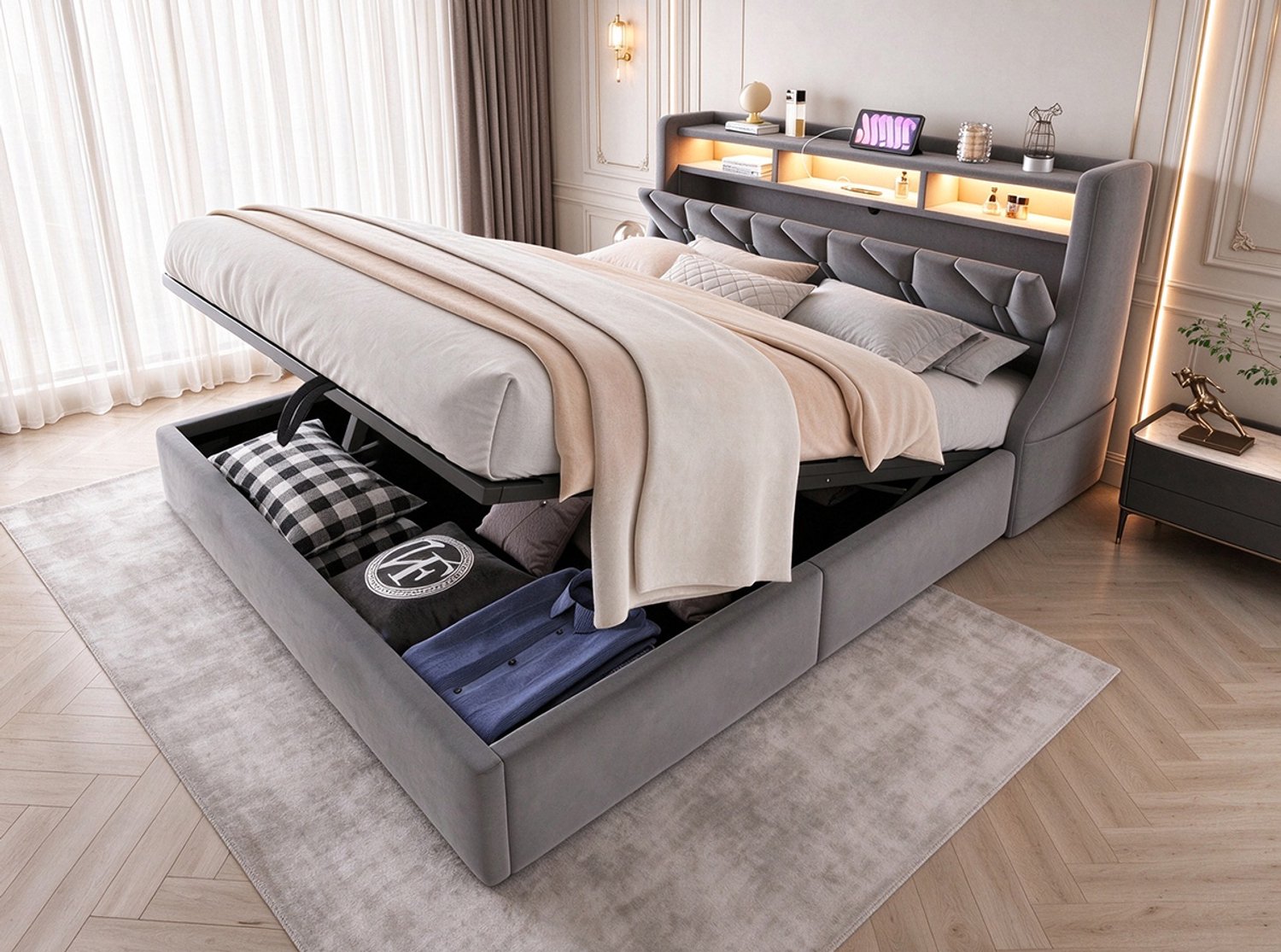 Wishdor Tweepersoonsbed 140x200 cm - Hydraulische opbergruimte onder de lattenbodem - Omklapbaar hoofdbord met opbergvakken en stopcontact - USB en type C - LED-verlichting - Grijze fluwelen bekleding Grijs