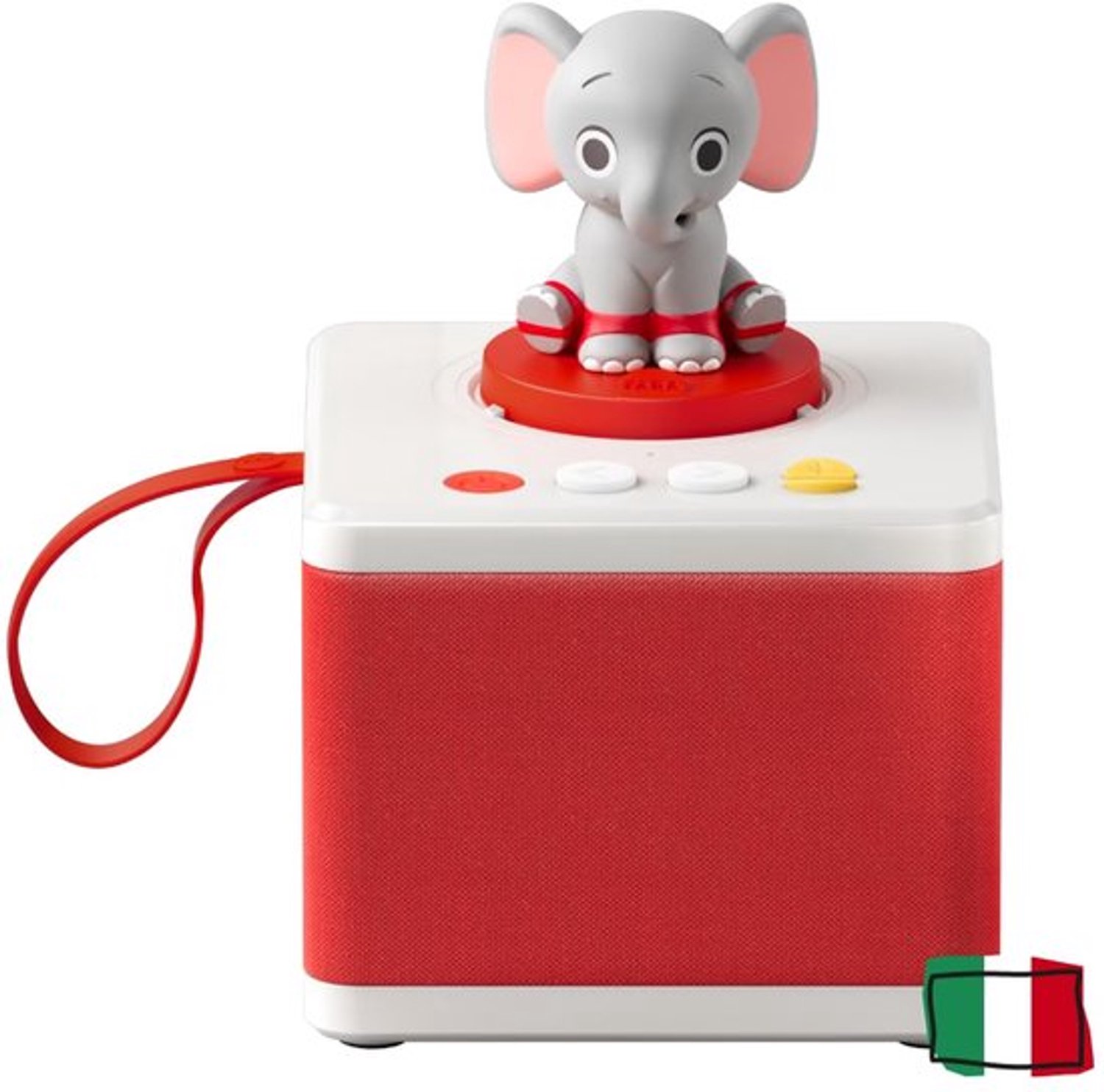 Witte verhalenverteller voor meisjes en jongens, luidspreker met het klankkarakter Ele l'Olifant, leerspel, inhoud in het Italiaans