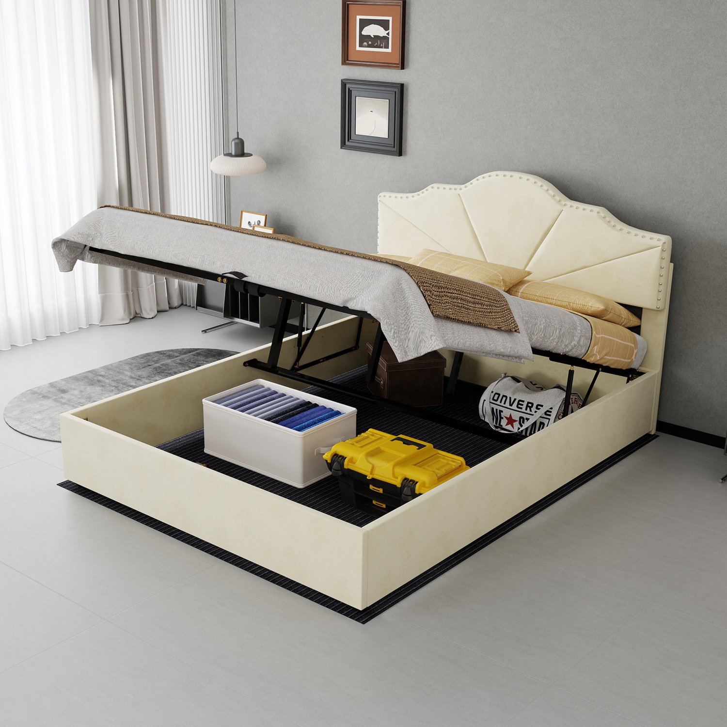 WUVRIE Opbergbed 140x200 cm - Hydraulisch opklapbare bedbodem en gestoffeerd hoofdbord - Beige