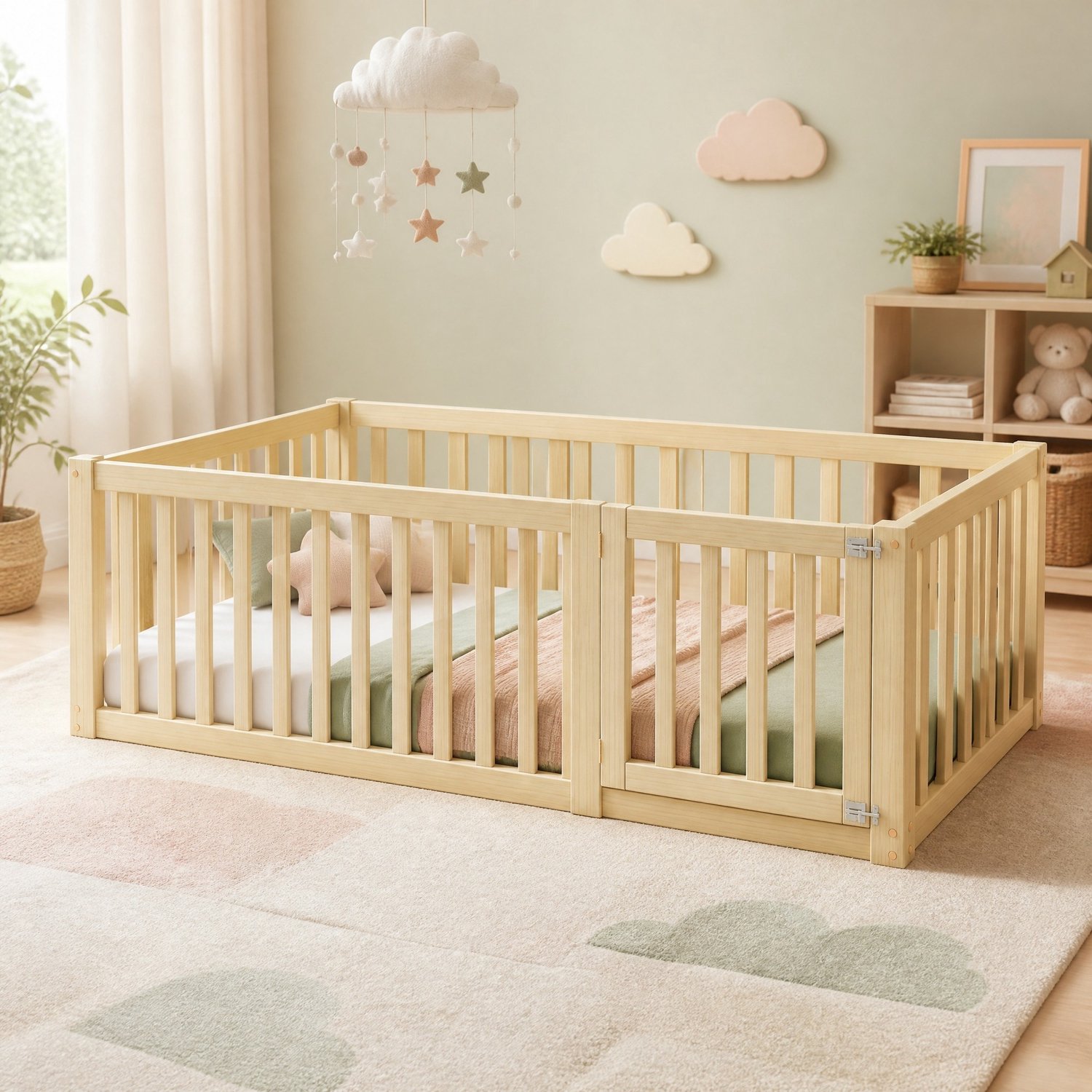WUVRIE Kinderbed 90x200 cm - Laag bedframe met rondom een hek en een deurtje - Naturel