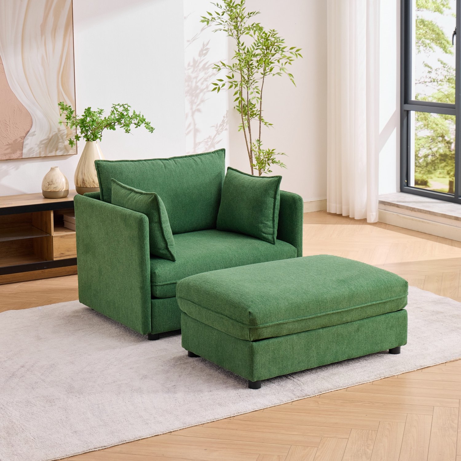 in& out door furniture Modern, minimalistisch eenpersoonsbank & loungestoel voor kleine ruimtes – Inclusief opbergpoef (stoffen lounge sofa voor de woonkamer)- Groen