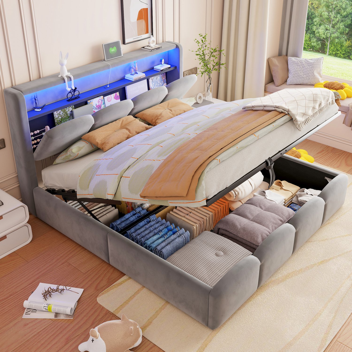 WUVRIE Gestoffeerd bed 140x200 cm - Hydraulische opbergruimte, LED, USB en USB-C - Grijs