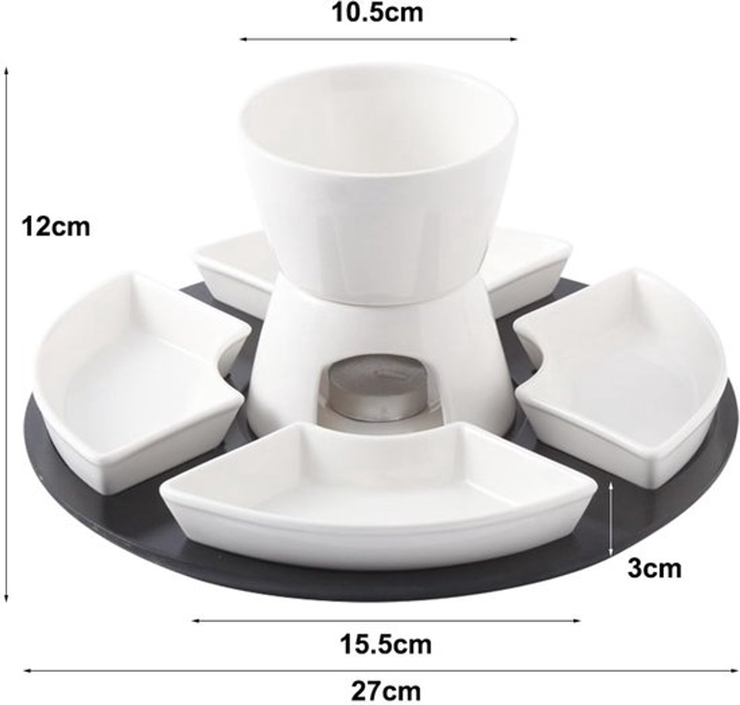 Chocoladefondueset, keramische mini-chocoladefondue, kaasfondue, set met 4 keramische borden en 4 vorken en 1 dienblad, chocoladefondue, verwarmd met een theelicht voor snoep, boter en kaas – foto 3