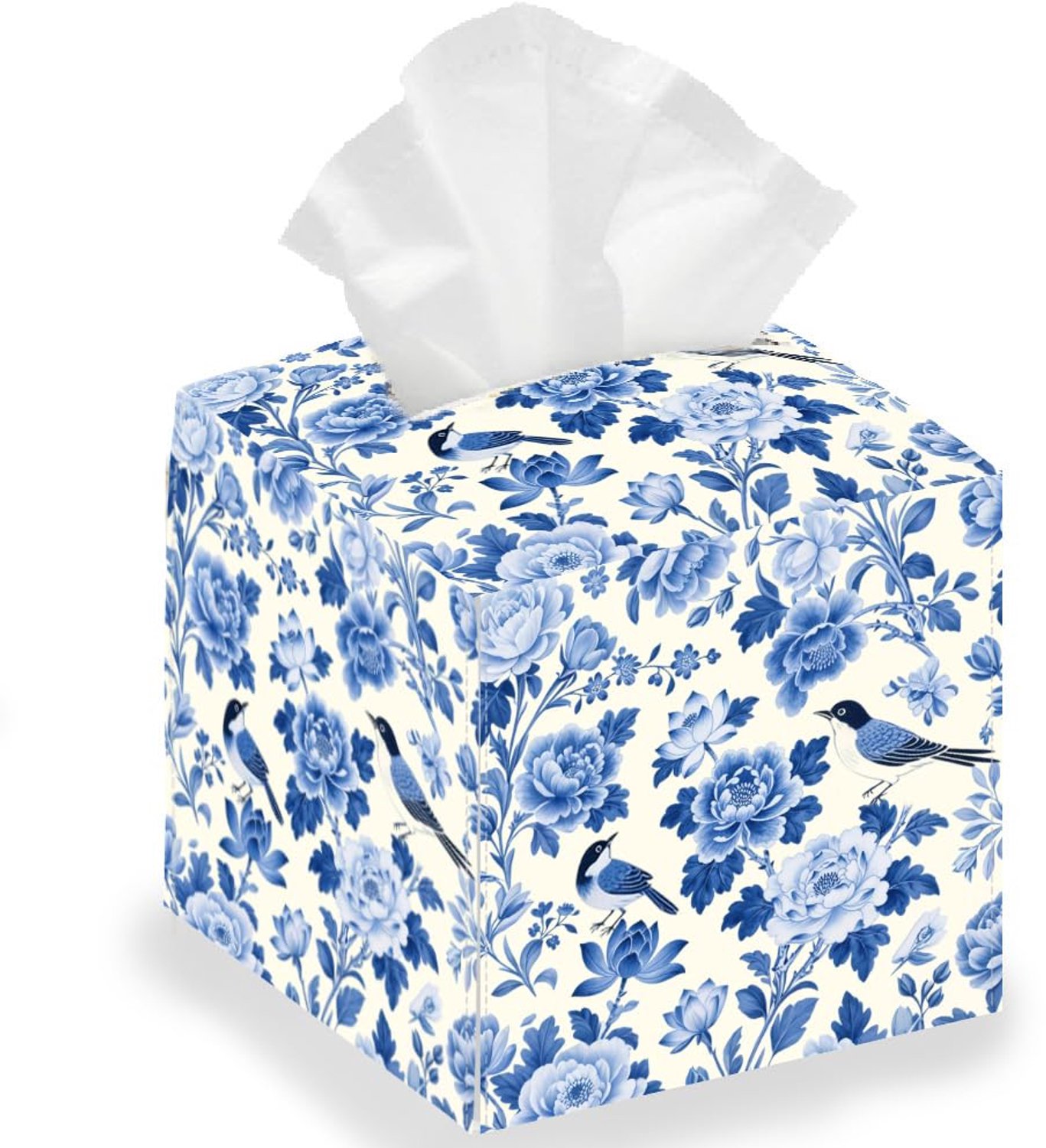Opbergdoos voor Papieren Zakdoeken - Blauwe Bloemen en Vogels