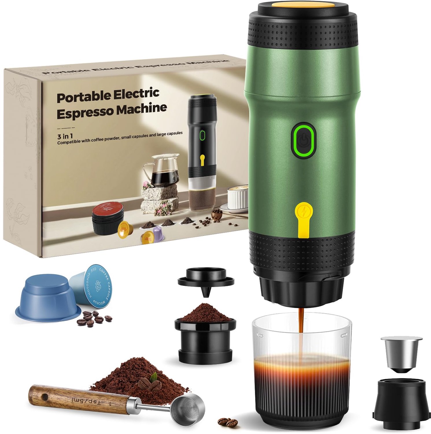 3-in-1 Draagbare Espresso Machine met 20BAR Druk (Groen)