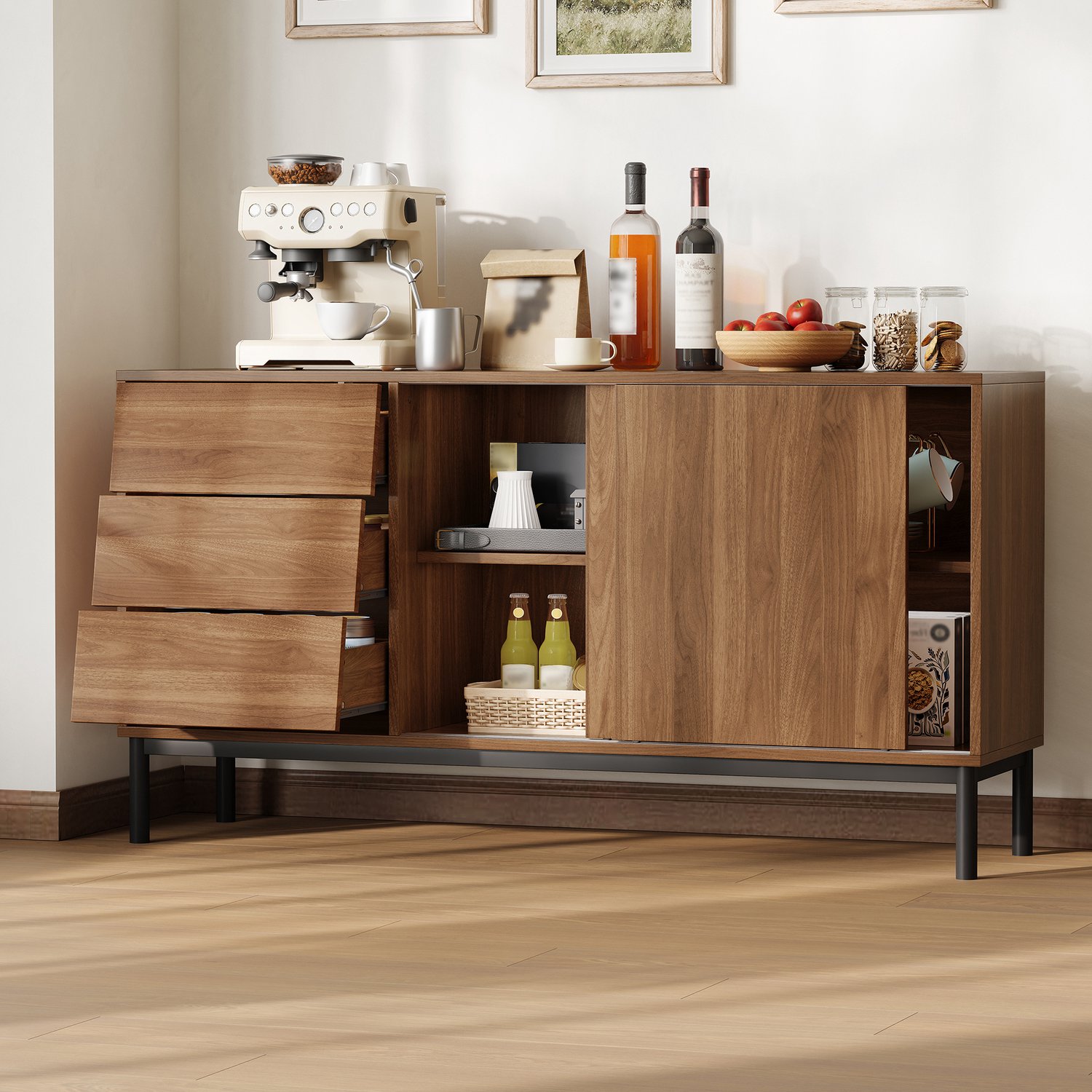 Clruro Dressoir - 150x40x80 cm - 2 Schuifdeuren en 3 Lades - Kantelbeveiliging - MDF - Naturel