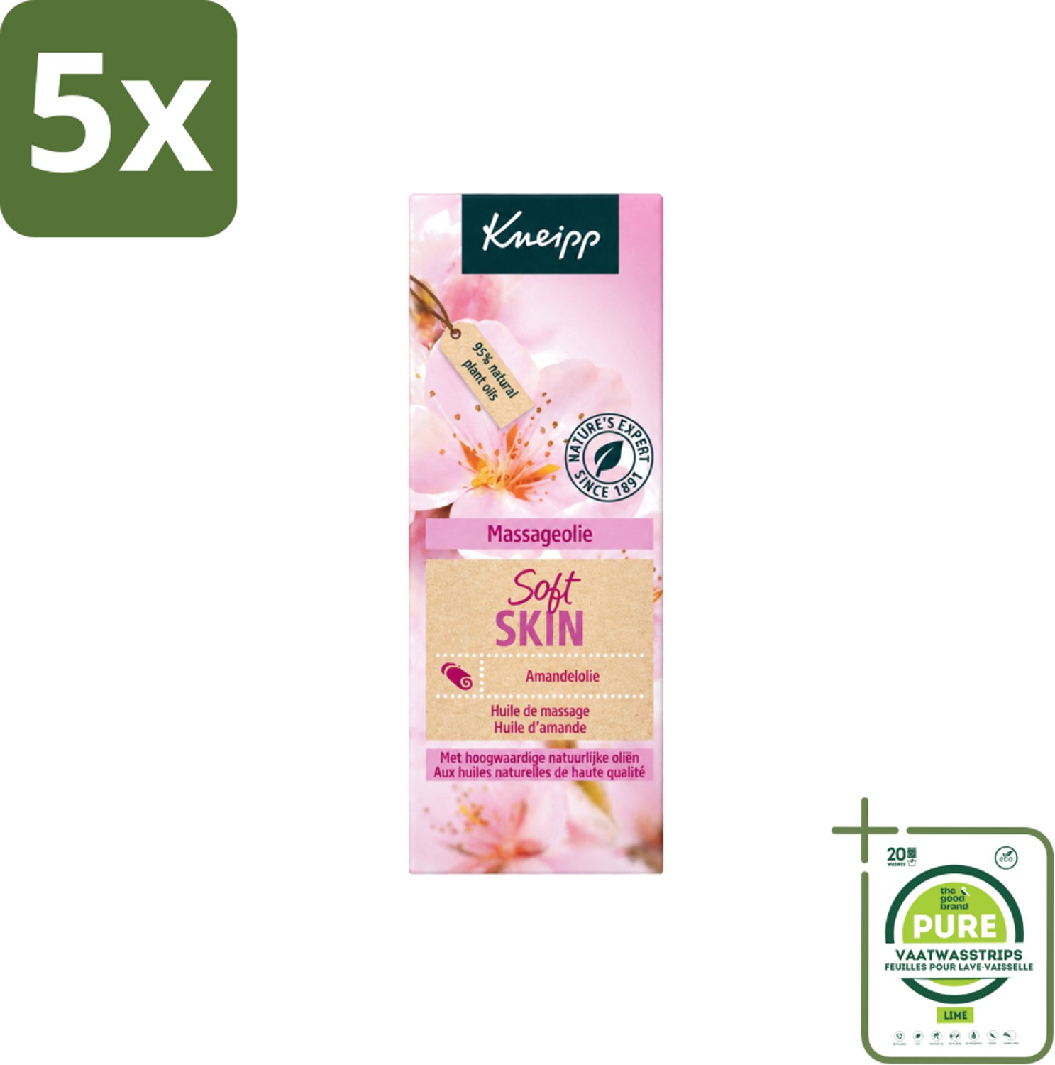 5 x Kneipp - Massageolie - Soft Skin - Amandelbloesem - Voor zachte & soepele huid - 100 ml - Grootverpakking - Vaatwasstrips - Massageolie - Huidverzorging - Amandelbloesem - Zachte Huid - Droge Huid