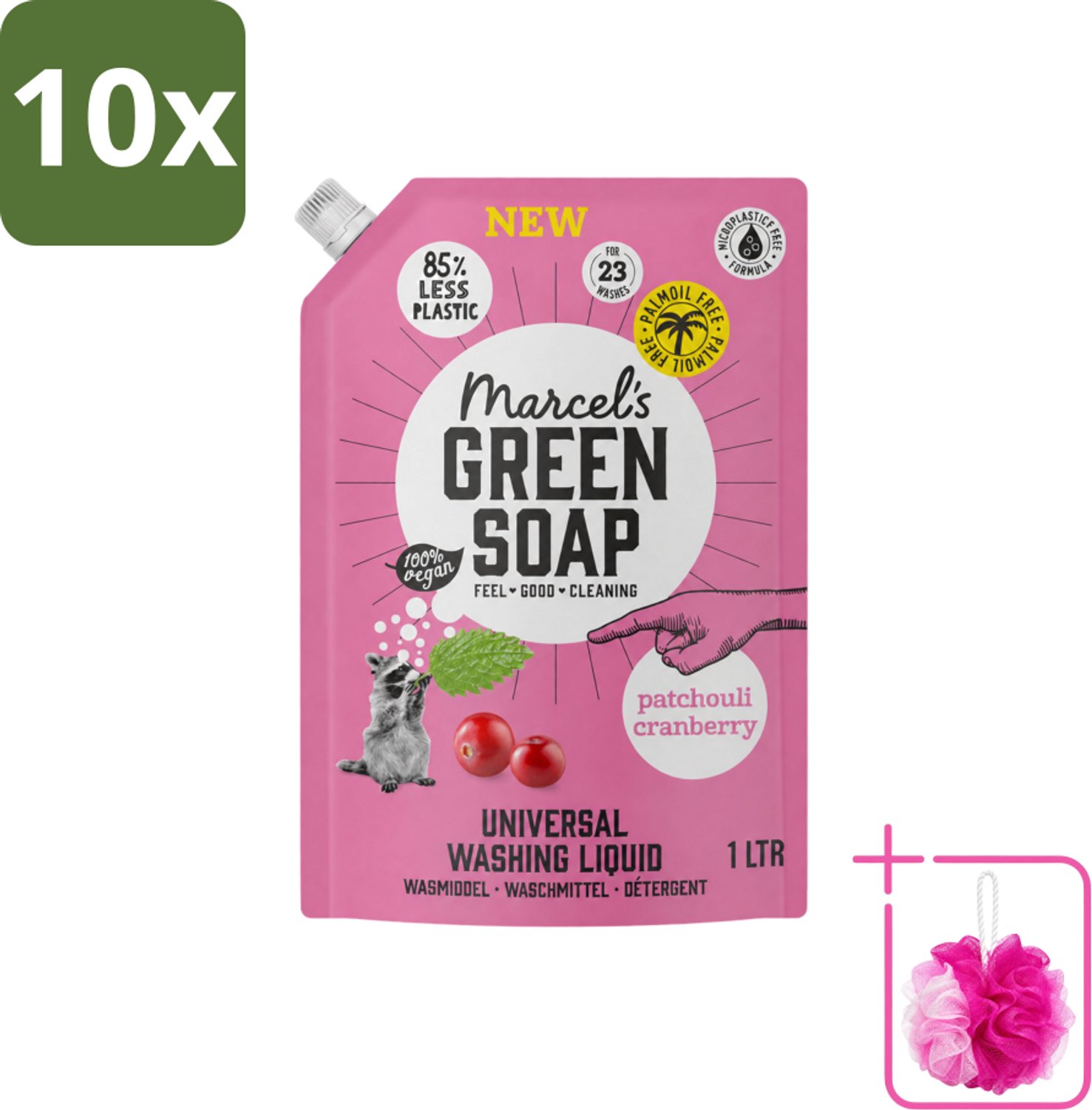 10 x Marcel's Green Soap - Vloeibaar Wasmiddel - Universeel - Navulling - Patchouli & Cranberry - Effectief & natuurlijk - 23 Wasbeurten - 1 liter - Bulkverpakking - Wasmiddel - Douchemop - Natuurlijk wasmiddel