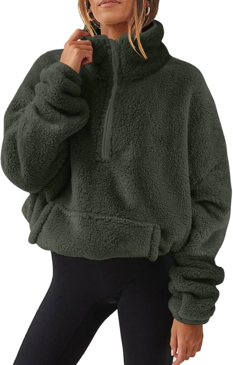 Dames sweatshirt zonder capuchon, fleece, oversize, met halve ritssluiting, opstaande kraag, met zakken, Csausl, sport, winter, herfst, warm fleecejack