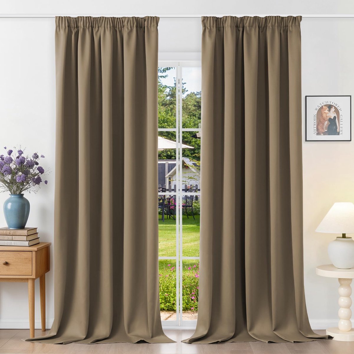 Gordijnen met plooiband, ondoorzichtig, cappuccino, verduisteringsgordijnen, set van 2, 245 x 140 cm (H x B) voor railsysteem, thermische gordijnen, koudebescherming, schuifgordijnen voor