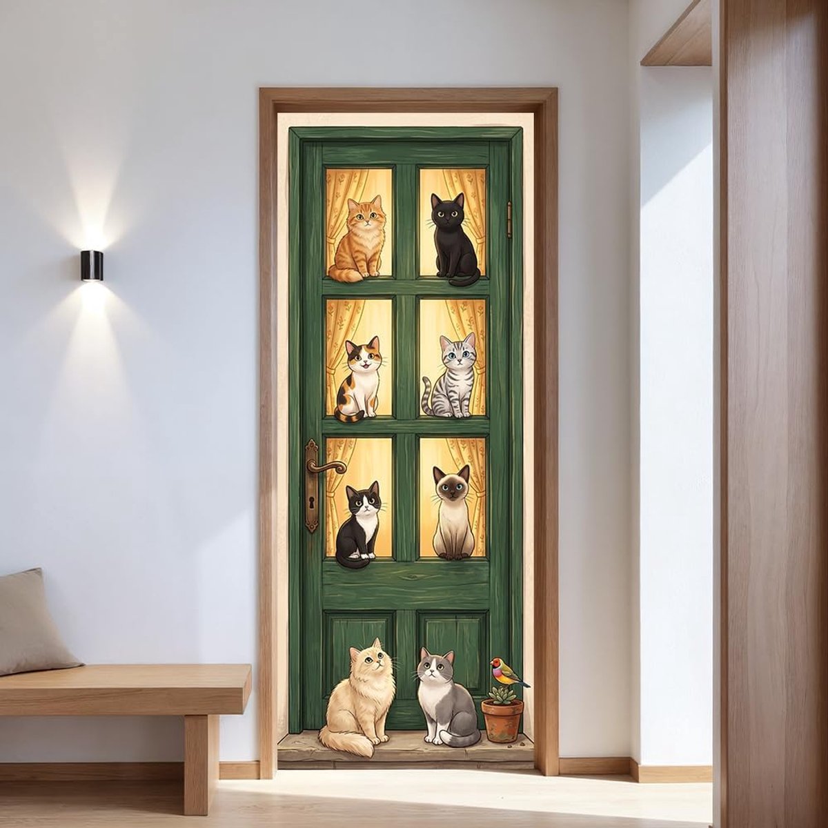 80 x 200 cm deursticker, meerdere katten, groen, hout