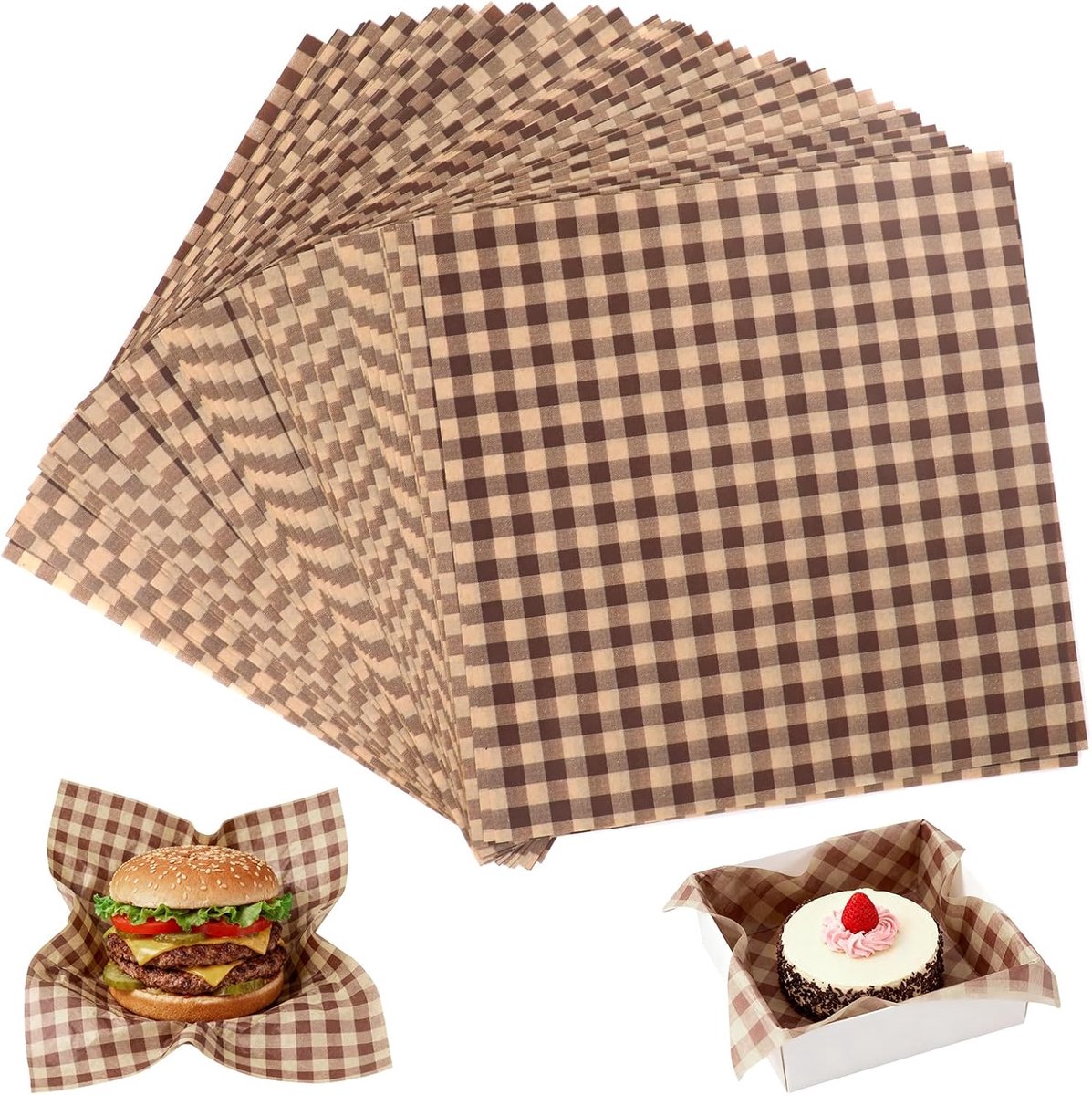100 Stuks Bruin Geruit Wax Papier Vellen 18x18Cm Voedsel Picknick Mand Liners Wegwerp Vetbestendig BBQ Deli Verpakkende Vellen Sandwich Burger Outdoor Restaurants Food Grade Wrap Papier