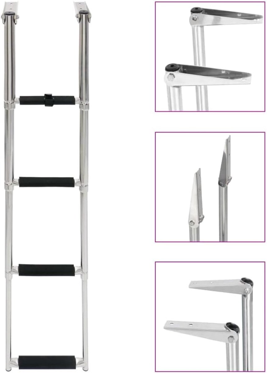 Telescopische badladder, 4 treden van roestvrij staal, inklapbare bootladder voor zwembaden en badplatforms, antislip, hoge draagkracht 250 kg