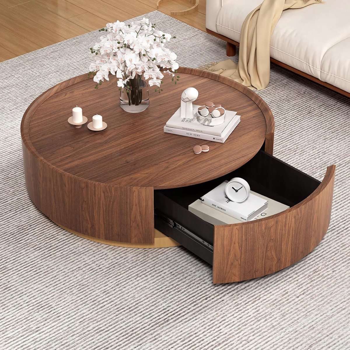 Salontafel met ronde trommel, ronde gecanneleerde salontafel, moderne koffietafels met trommel, halverwege de eeuw, ronde voetstuk middentafel voor woonkamer, boerderij (90 cm)