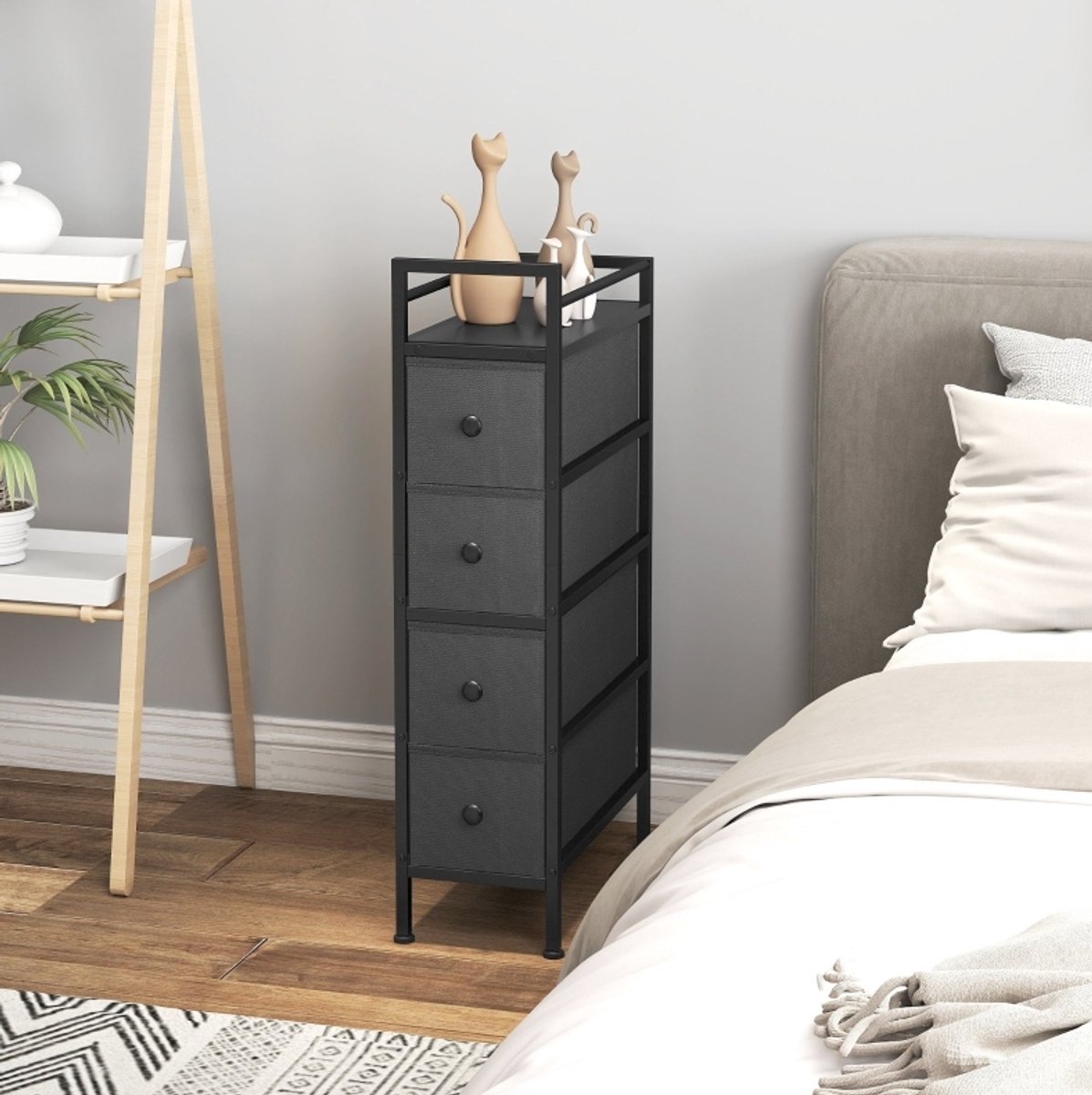 HAUSS SPOLE Smalle Ladekast Met 4 Stoffen Laden - Voor Slaapkamer, Woonkamer Of Badkamer - Hout En Staal - 20x43x81,5 Cm - Zwart