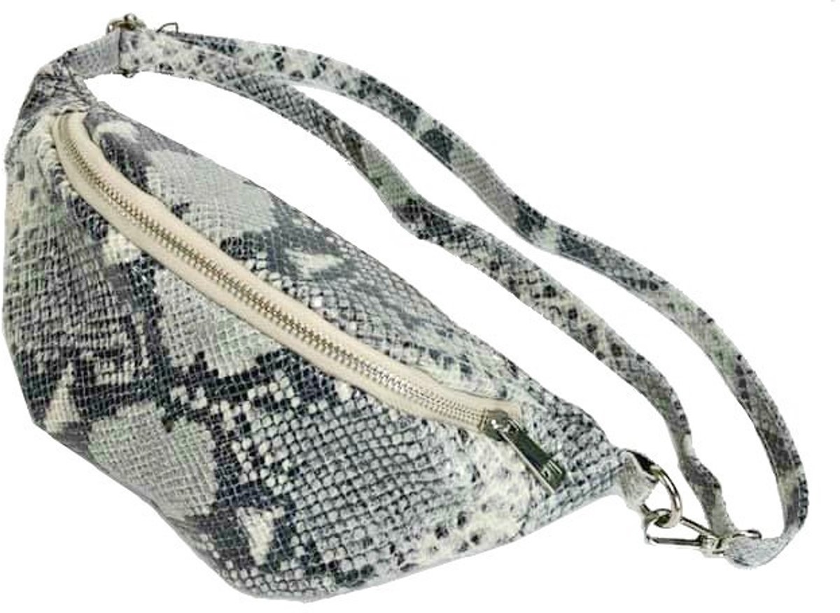 Beige Leren Slangenprint Heuptas - Leren Crossbodytassen - Zilver Beslag - Trendy Snakeprint Dames Bumbag - Glanzende Slangenprint - Beige