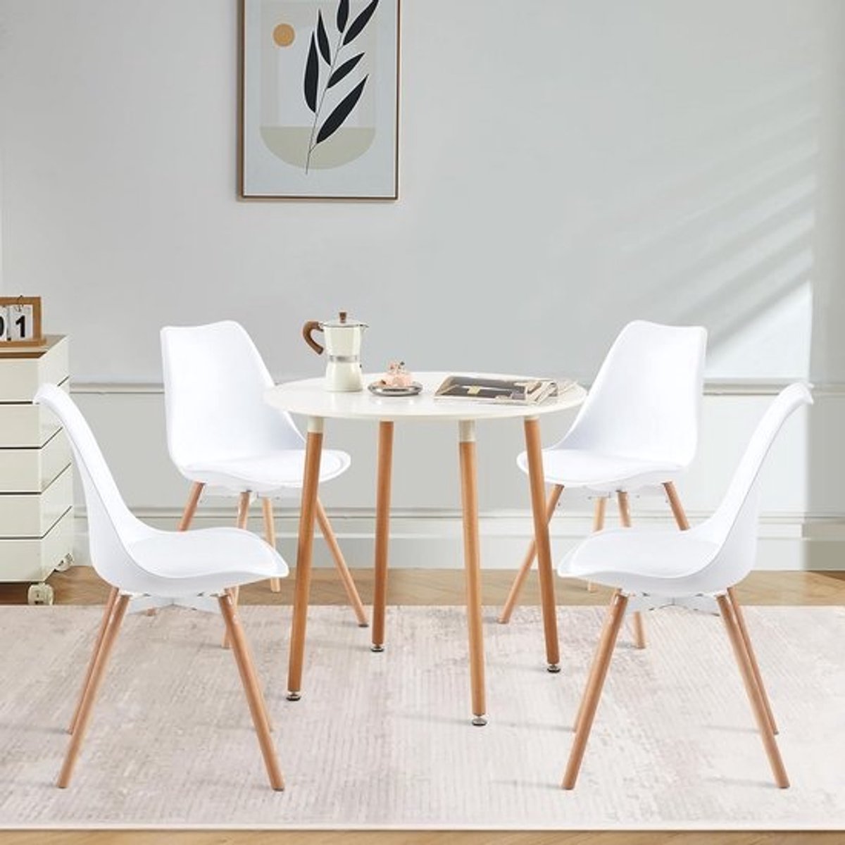 Ronde eettafelset - 4 stoelen - Wit, voor keuken en woonkamer