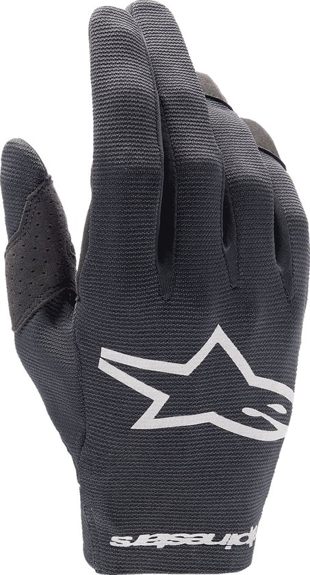 Zwarte Alpinestars handschoen met wit logo op de handpalm.