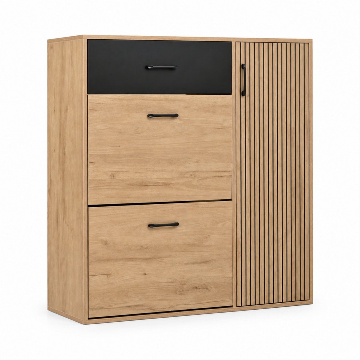 LONG DRAGON - Smalle schoenenkast - 2 klepvakken - 1 lade - Deur met ribbelstructuur - Naturel en zwart - 100 x 35 x 106 cm