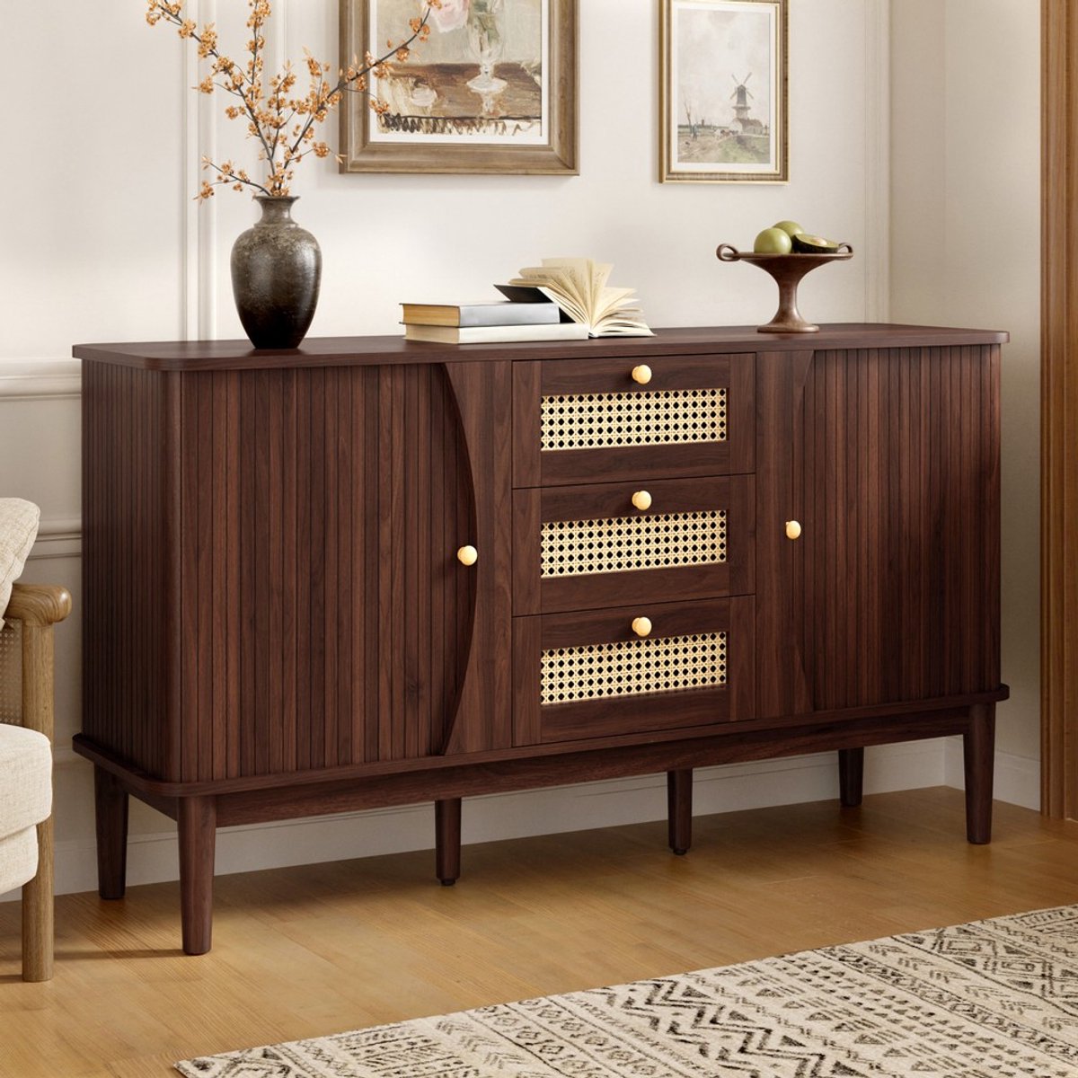 Pugsdrly Servieskast, rotan dressoir, dressoir met schuifdeuren, verstelbare planken en afgerond blad Natuurlijk