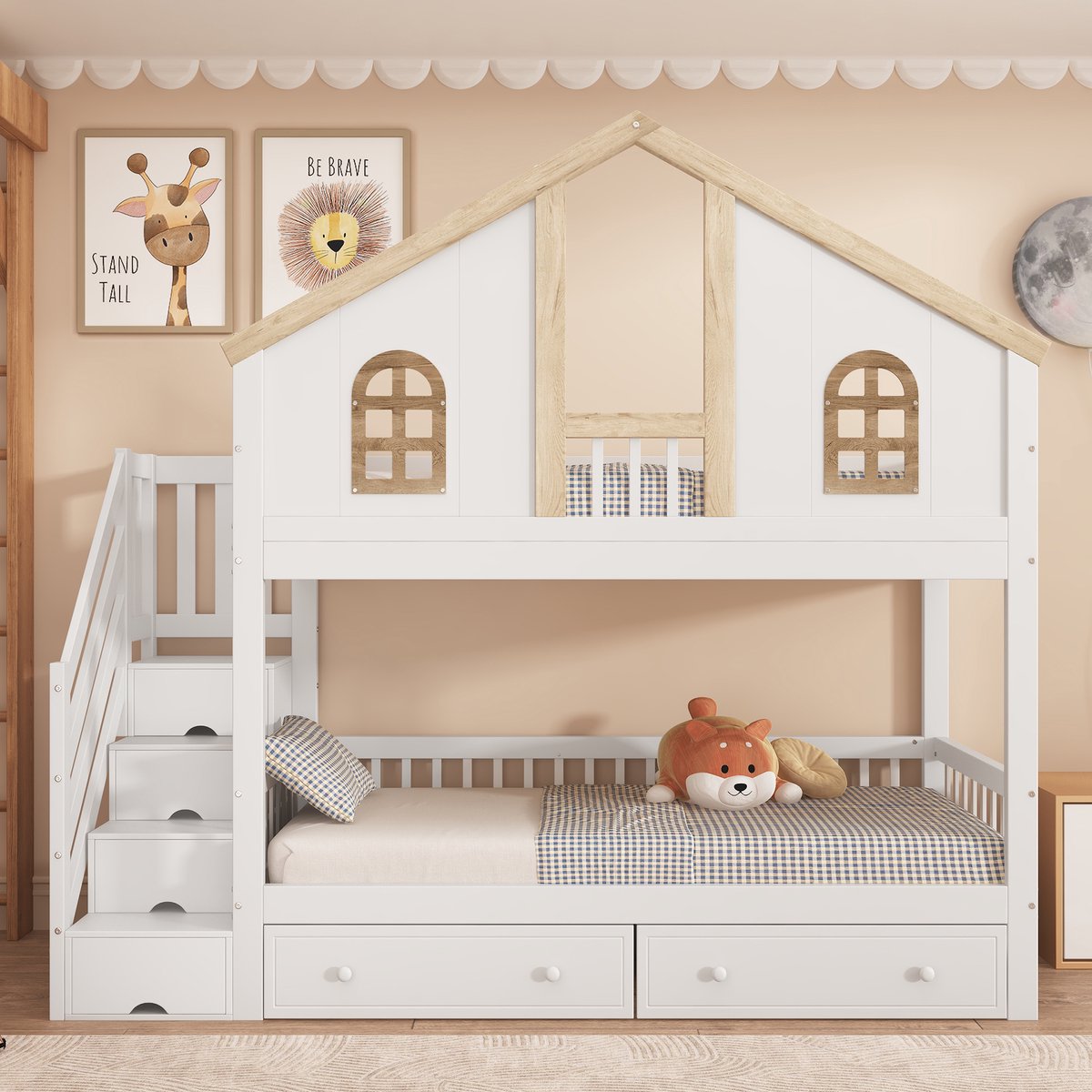 Clruro Stapelbed - 90 x 200 cm - Huisdesign - Opbergtrap en Lades - Grenenhout/MDF - Wit/Naturel Wit+Natuurlijk