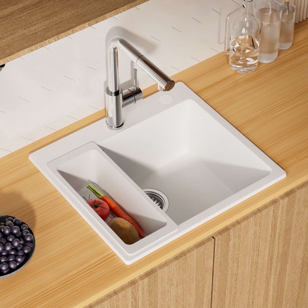 SOFETIY MAX 50x45 cm Granieten Spoelbak - Luxe Spoelbak Keuken - Composiet Spoelbak Met Afdruiprek en Waterafvoersysteem - Gootsteen Wit