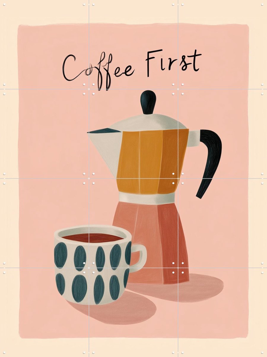IXXI Coffee First, Branka Kodžoman - 60 x 80 cm - Gratis ophangtool - Grote wanddecoratie en posters - Kleurrijk, Modern, Eetkamer, Keuken, Typografie