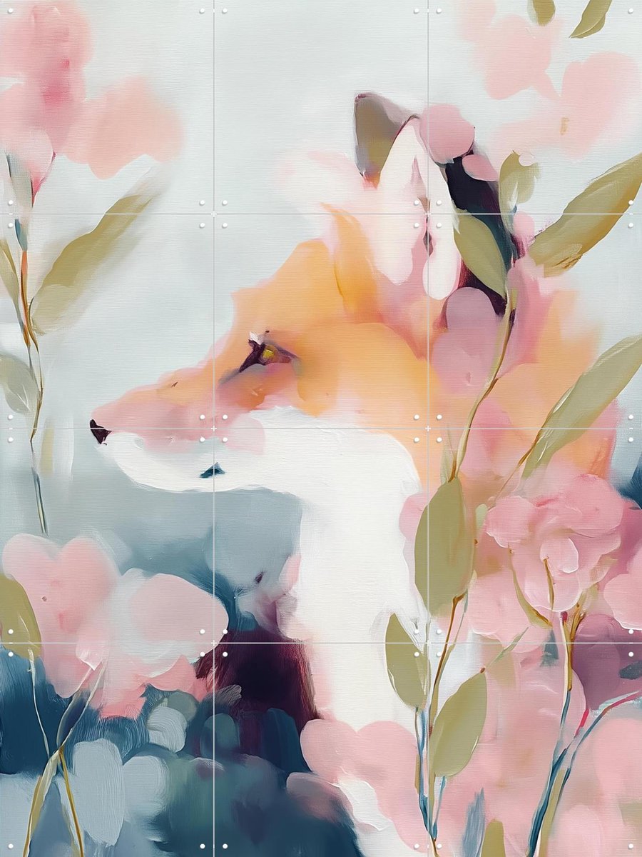 IXXI Dreamy Fox Portrait With Flowers, Branka Kodžoman - 60 x 80 cm - Gratis ophangtool - Grote wanddecoratie en posters - Kleurrijk, Fantasierijk