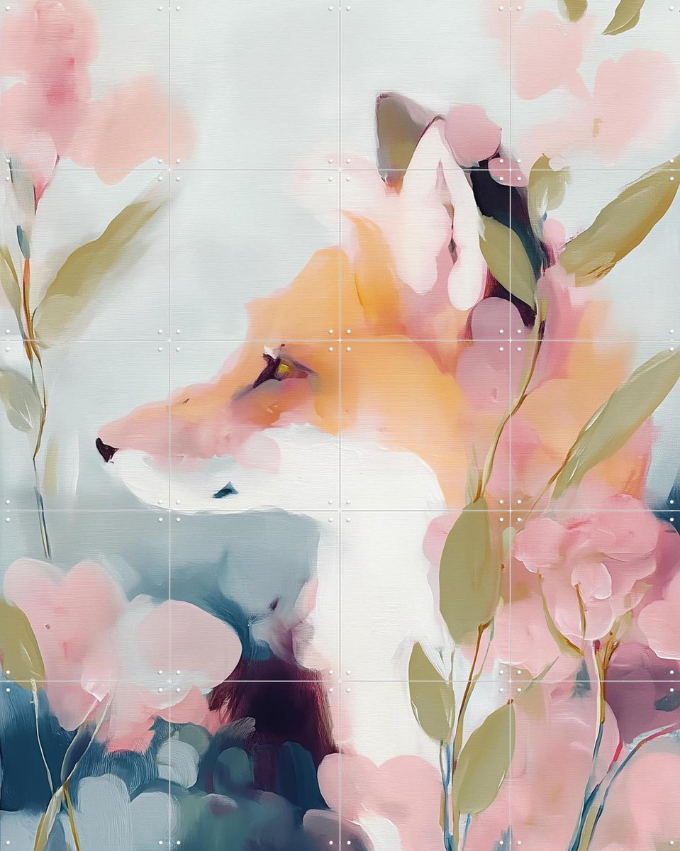 IXXI Dreamy Fox Portrait With Flowers, Branka Kodžoman - 80 x 100 cm - Gratis ophangtool - Grote wanddecoratie en posters - Kleurrijk, Fantasierijk