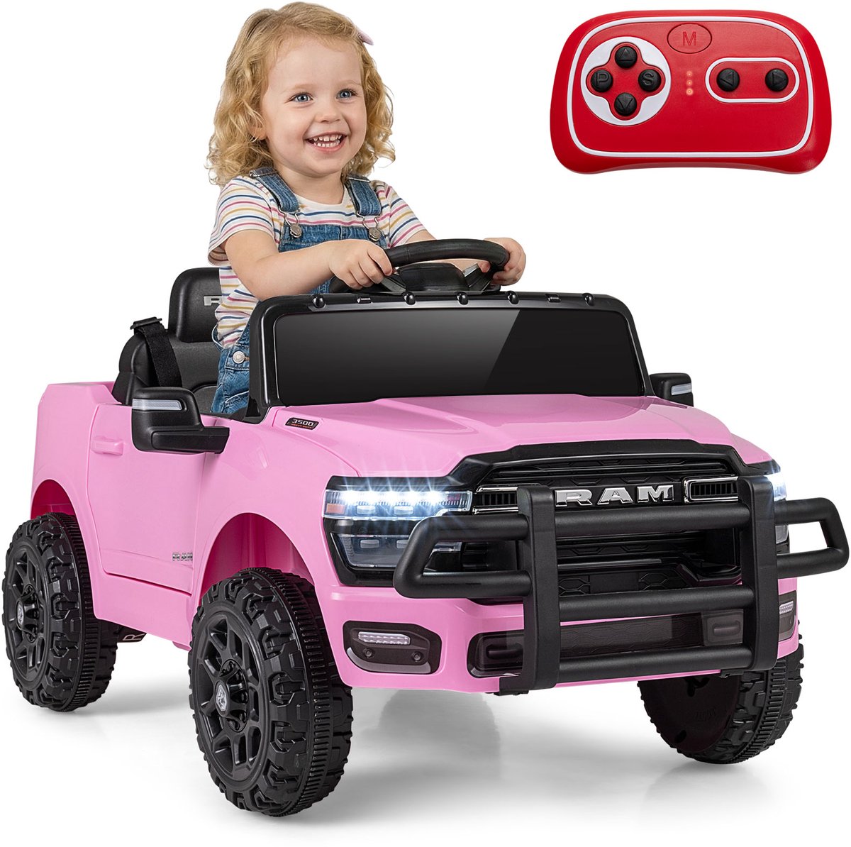 COSTWAY 12 V elektrische auto, kinderauto RAM voor vanaf 3 jaar (roze)