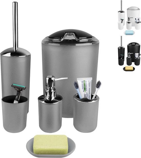 Lyrlody Wit/Zwart/Grijs Badkamerset WC-Set Zeepdispenser Zeepbakje Tandenborstelhouder Tandenborstelbeker Toiletborstel Vuilnisbak voor badkamer, huis of hotel, 6 stuks (grijs) — afbeelding 2