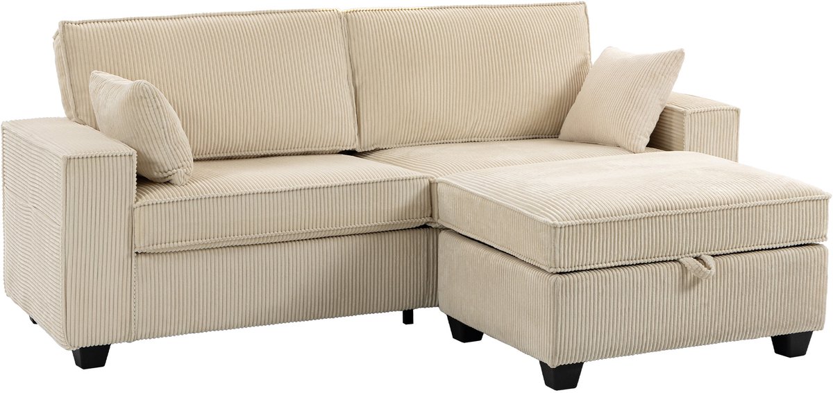 Homona 3-zits hoekbank met hocker en opbergruimte - Cord - 216 x 151 x 94 cm - Beige