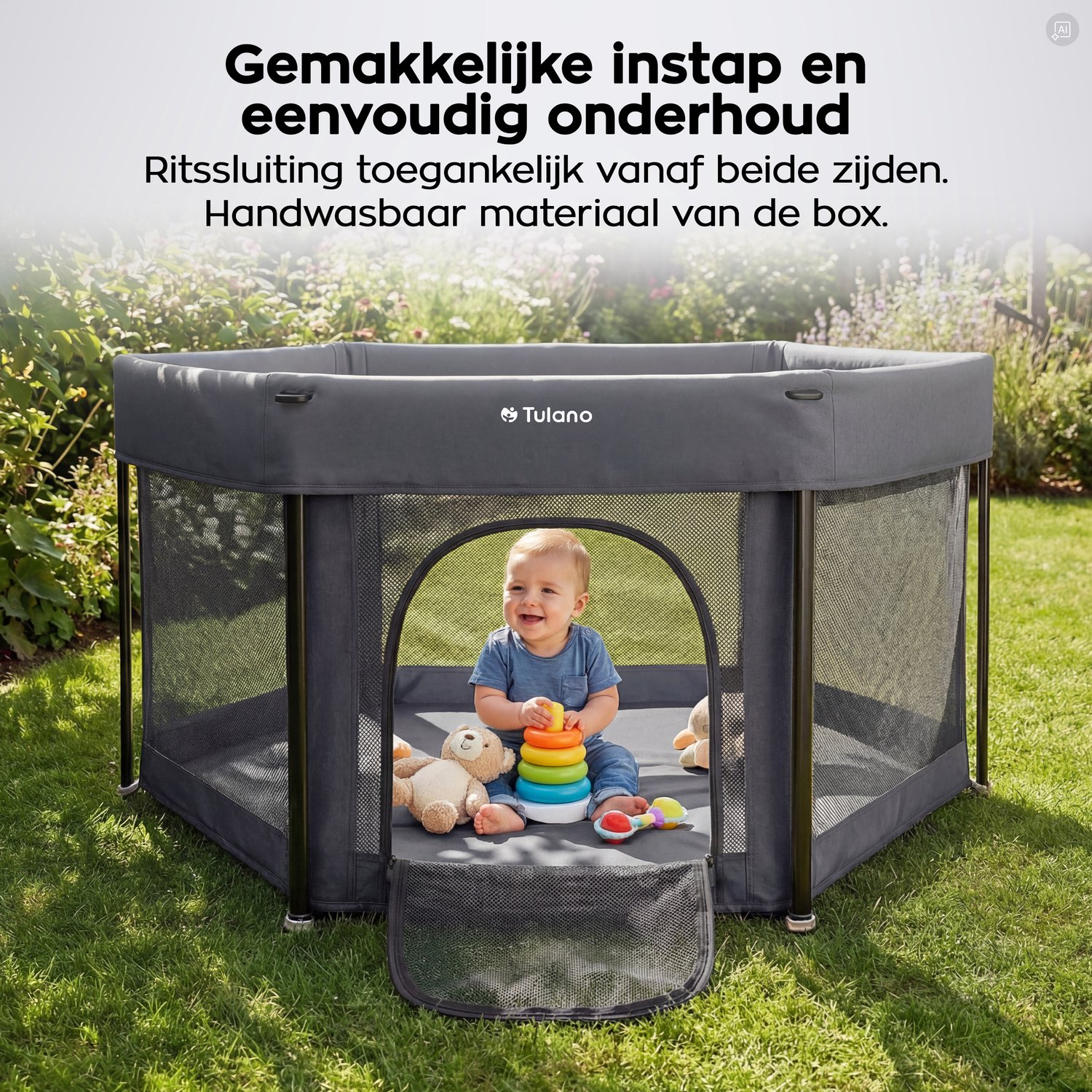 Tulano Cozy 30 - Grondbox - 125x125x66cm - Met draagtas - Inklapbare - Opvouwbare Baby Speelbox - zeshoek - voor binnen en buiten - ademend gaas - EN71 gecertificeerd - Grafiet – foto 8