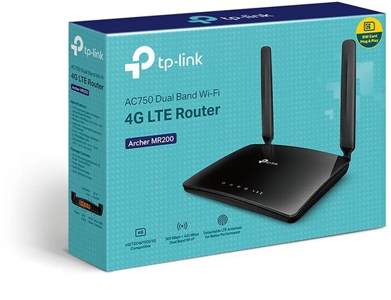 Verpakking van de TP-Link Archer MR200 4G LTE-router met een afbeelding van de router en productkenmerken.