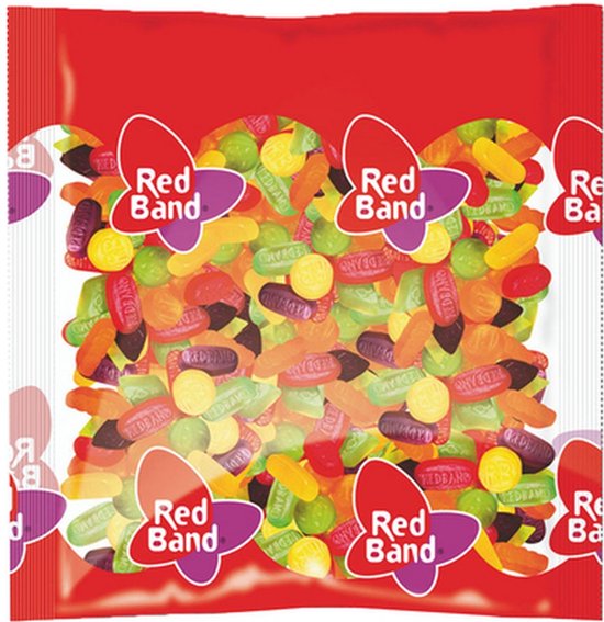 Rode zak Red Band wijngum assortiment met een kleurrijke mix van fruitige snoepjes in diverse vormen.