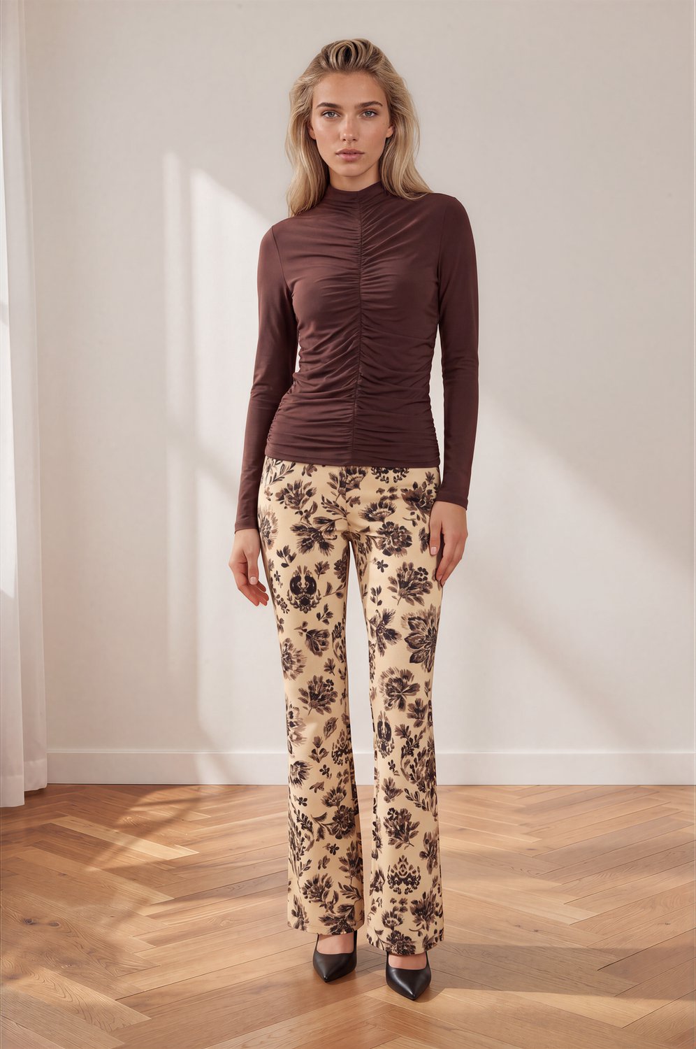 MI PIACE - Travel Broek Straight Bonded Ornamental Flowers Print 202624 Sand - Maat : L