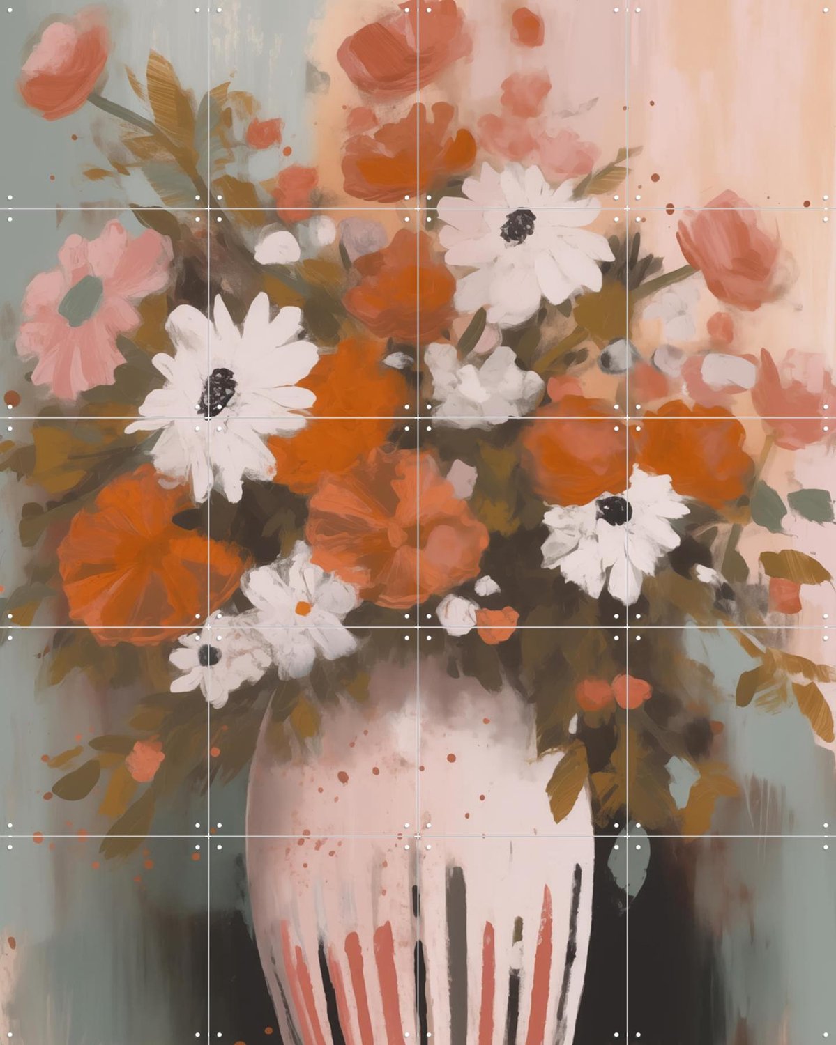 IXXI Vibrant Floral Vase, Andreas Magnusson & Various - 80 x 100 cm - Grote wanddecoratie en posters - Kwaststreken, Schilderijen, Woonkamer Roze / Oranje / Wit