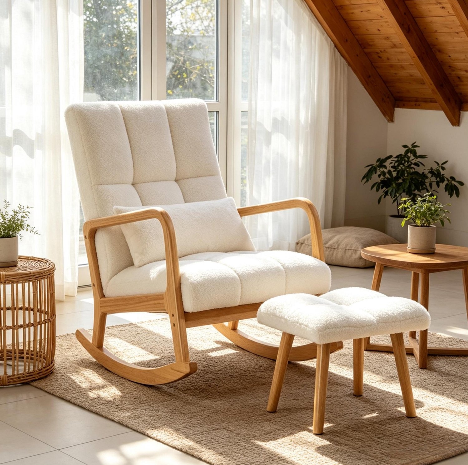 STILVORA Schommelstoel 64,5 x 82 x 89 Cm - Met Hocker En Ergonomische Armleuningen - Voor Woonkamer En Leeshoek - Bouclé Stof En Hout - Wit