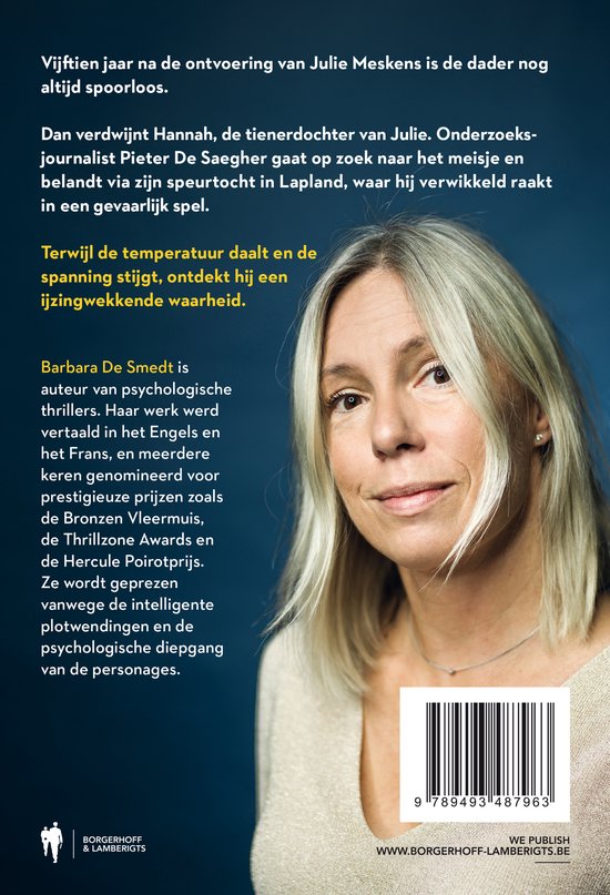 Dos du livre Koud avec un portrait de l'auteure Barbara De Smedt, le synopsis du thriller et un code-barres.