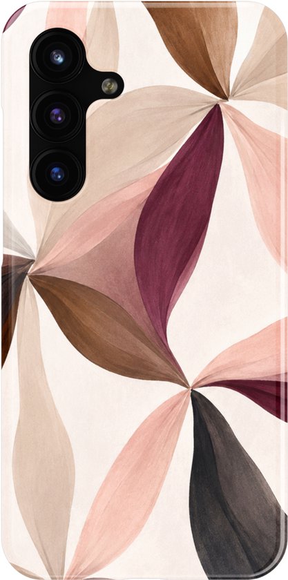 Telefoonhoesje met een abstract bloemenpatroon in tinten roze, bordeaux, bruin en beige.