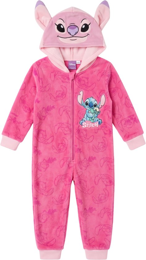 Roze fleece onesie met Stitch-capuchon, oren en Stitch-opdruk op de borst.
